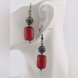 Vintage Red and Silver Beaded Dangle Earrings